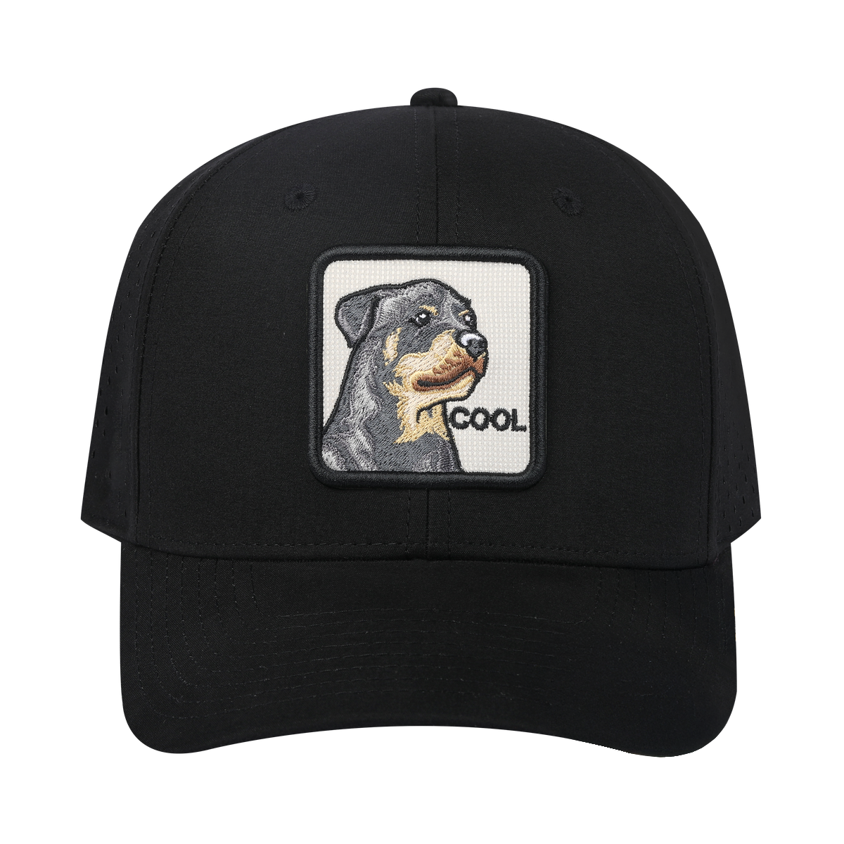 Cool Dog 6-Panel Microfiber Laser Hole Trucker Hat with Black front and Black back