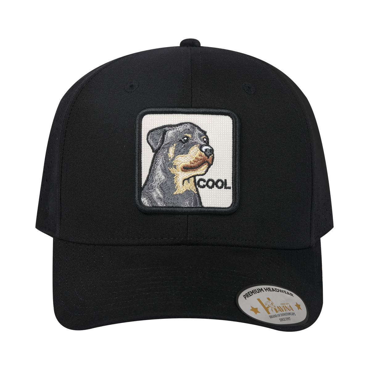 Cool Dog 6-Panel Microfiber Laser Hole Trucker Hat with Black front and Black back
