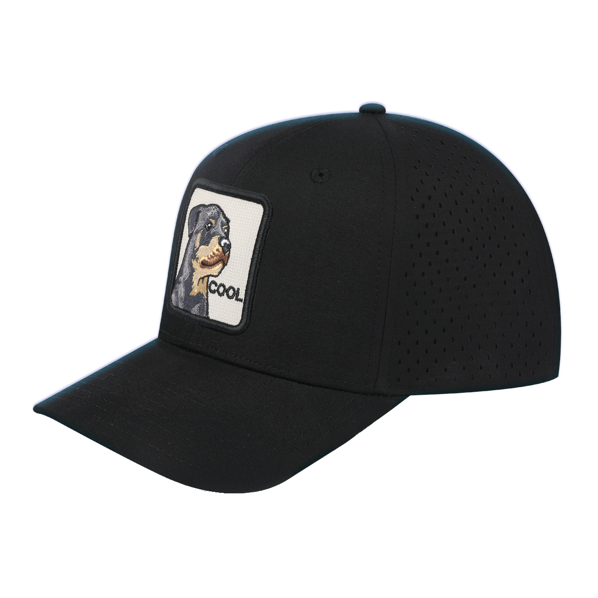 Cool Dog 6-Panel Microfiber Laser Hole Trucker Hat with Black front and Black back