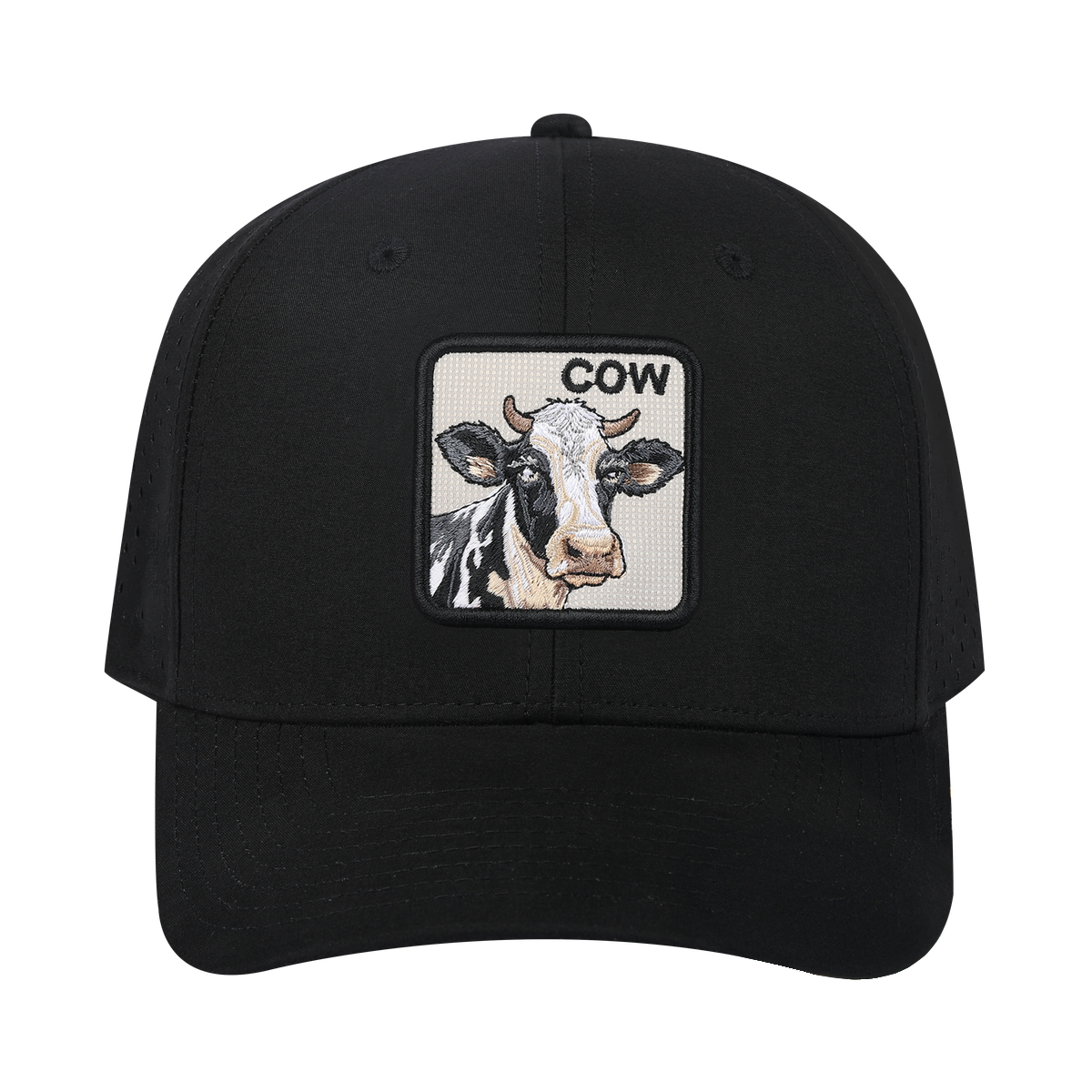 Cow 6-Panel Microfiber Laser Hole Trucker Hat with Black front and Black back