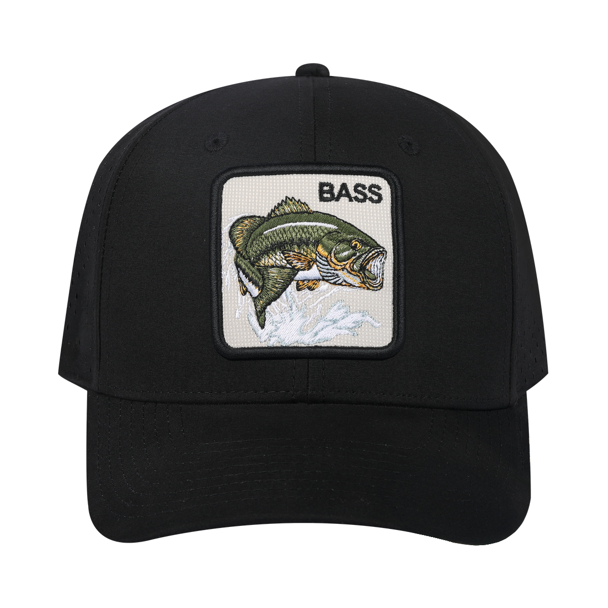 Bass 6-Panel Microfiber Laser Hole Trucker Hat with Black front and Black back