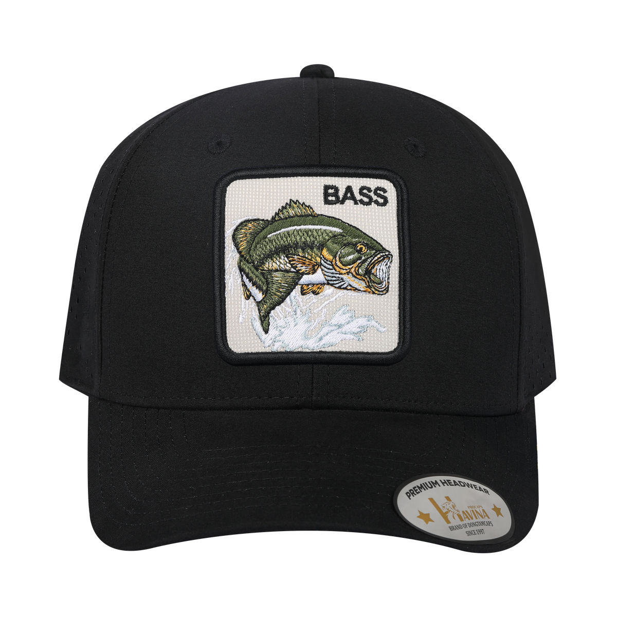 Bass 6-Panel Microfiber Laser Hole Trucker Hat with Black front and Black back