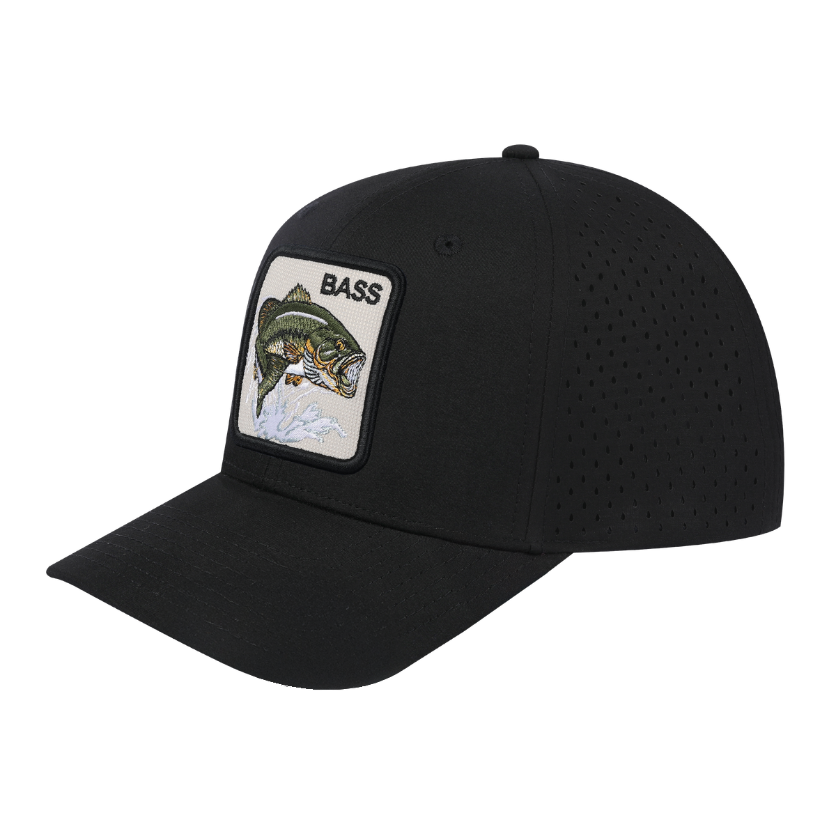 Bass 6-Panel Microfiber Laser Hole Trucker Hat with Black front and Black back