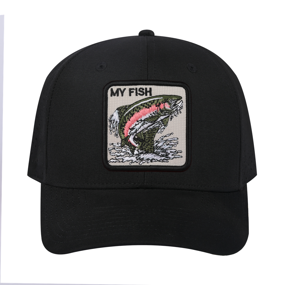 My Fish 6-Panel Microfiber Laser Hole Trucker Hat with Black front and Black back