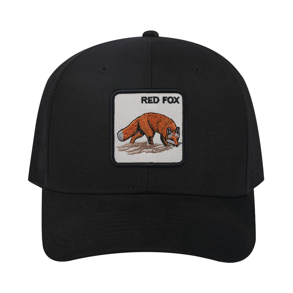 Red Fox 6-Panel Microfiber Laser Hole Trucker Hat with Black front and Black back