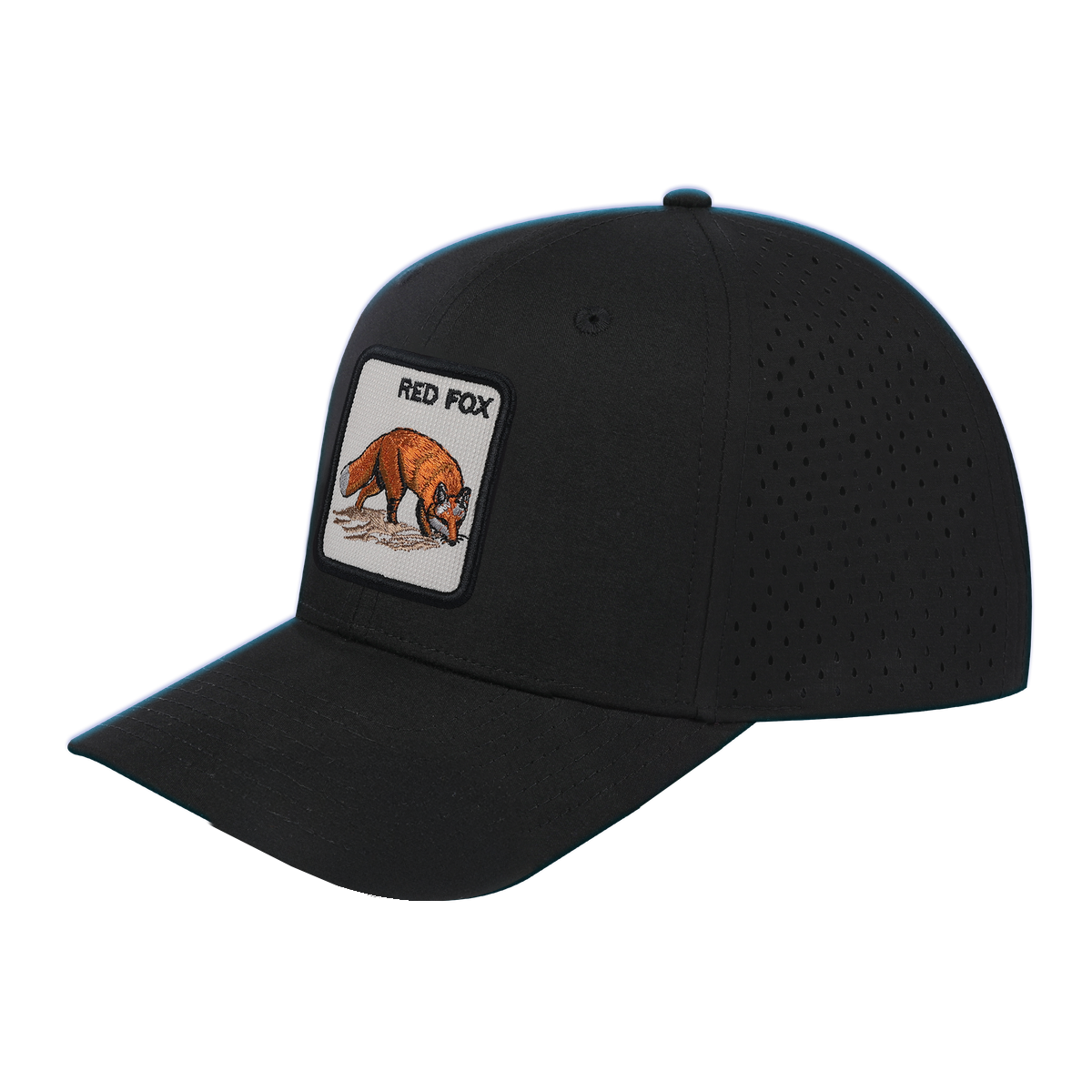 Red Fox 6-Panel Microfiber Laser Hole Trucker Hat with Black front and Black back