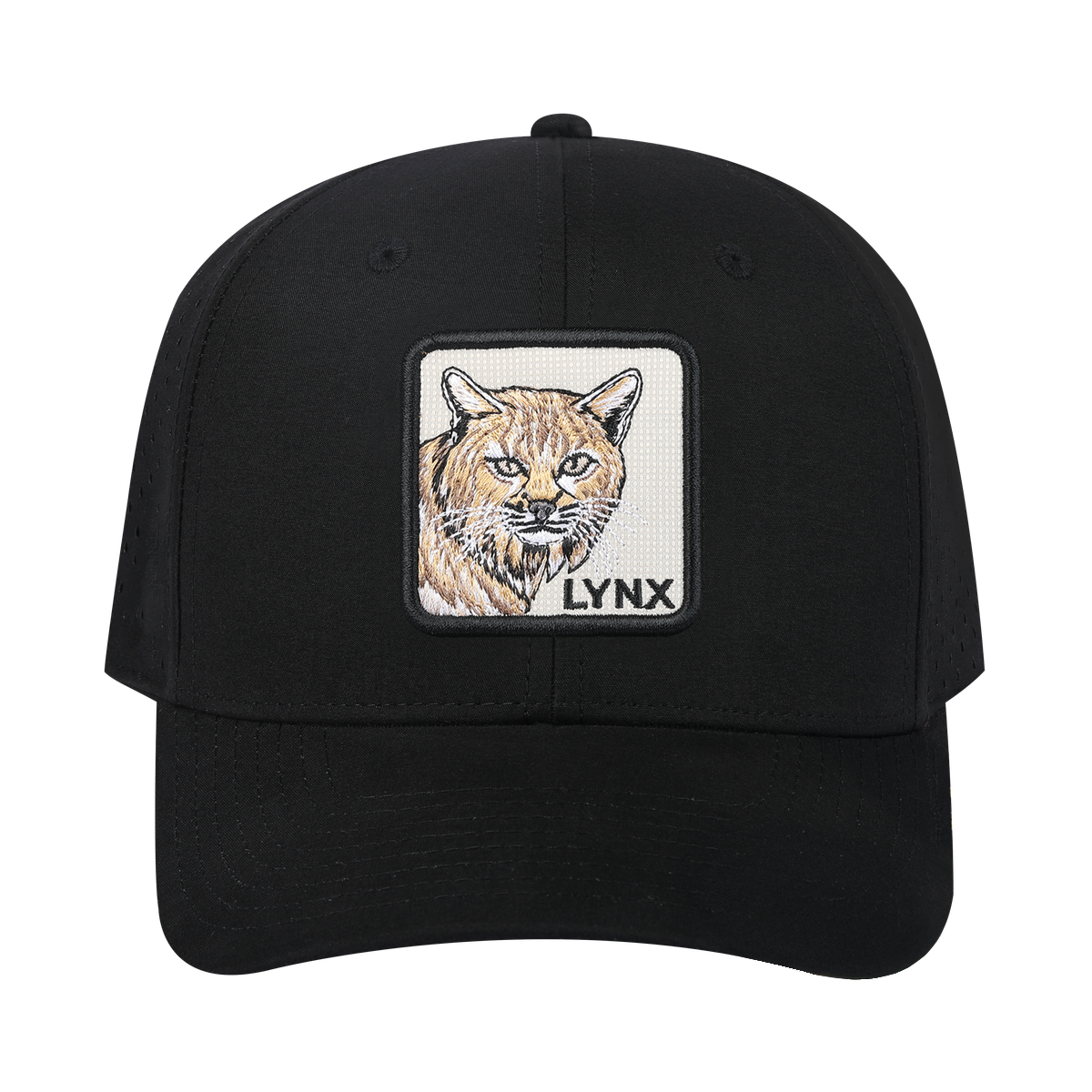 Lynx 6-Panel Microfiber Laser Hole Trucker Hat with Black front and Black back