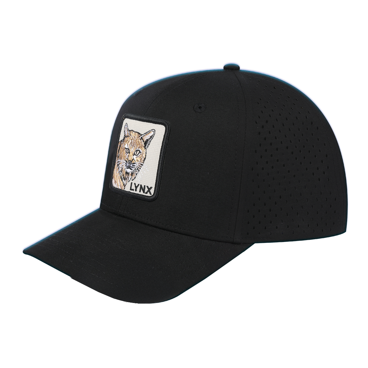 Lynx 6-Panel Microfiber Laser Hole Trucker Hat with Black front and Black back