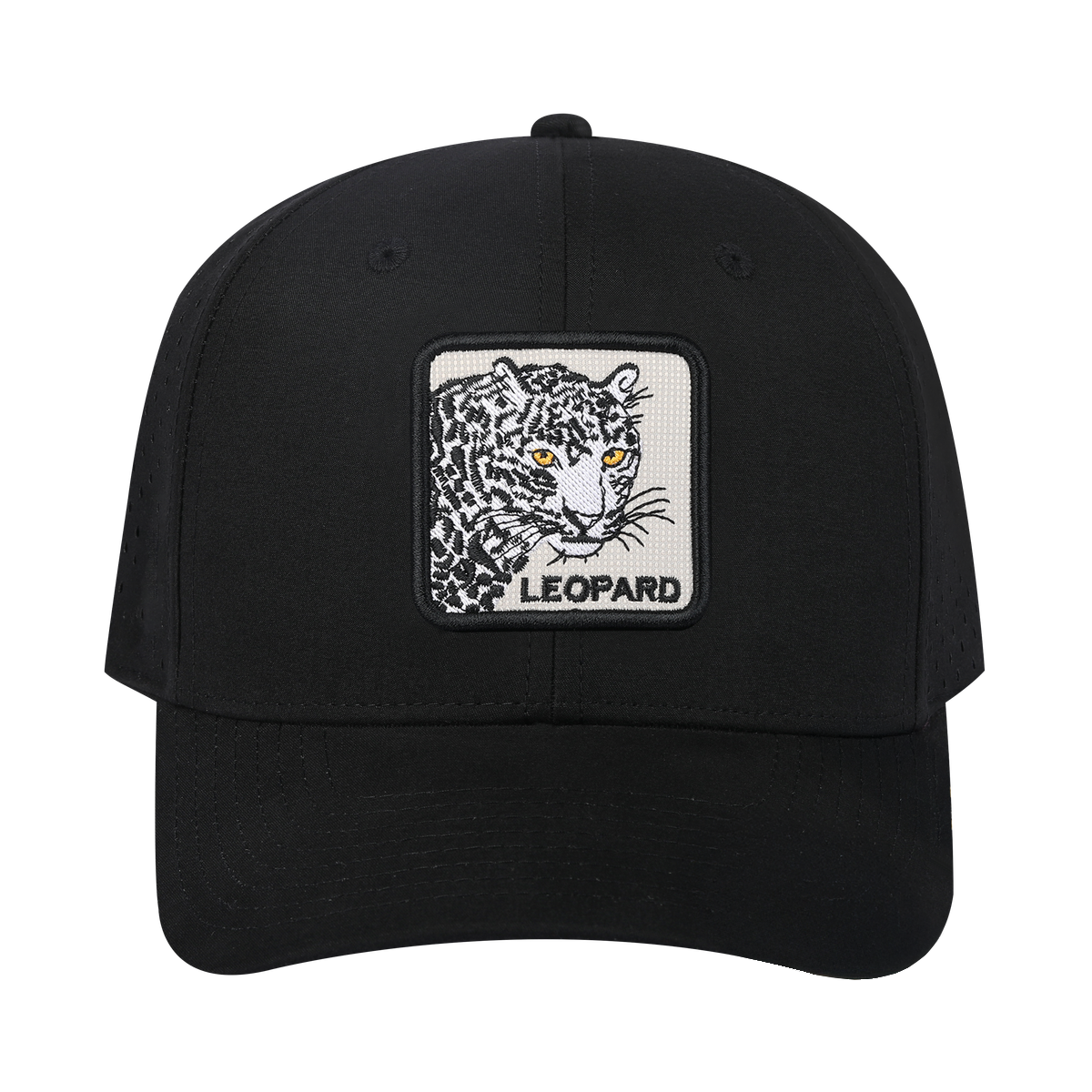 Leopard 6-Panel Microfiber Laser Hole Trucker Hat with Black front and Black back