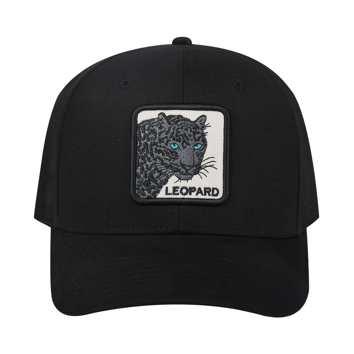Leopard V2 6-Panel Microfiber Laser Hole Trucker Hat with Black front and Black back