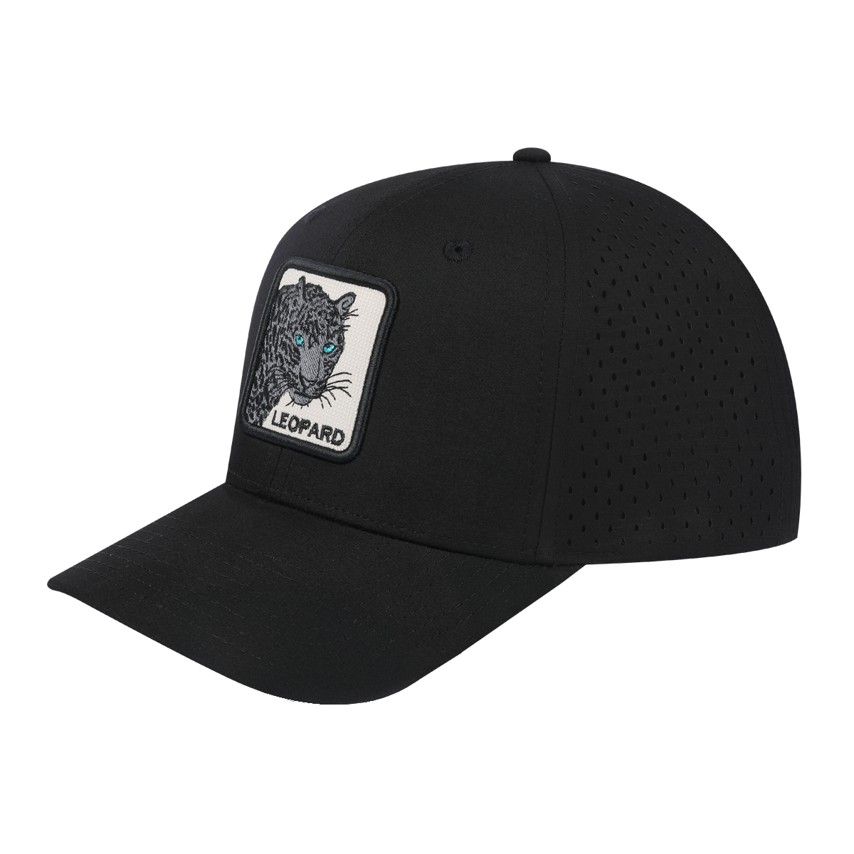 Leopard V2 6-Panel Microfiber Laser Hole Trucker Hat with Black front and Black back