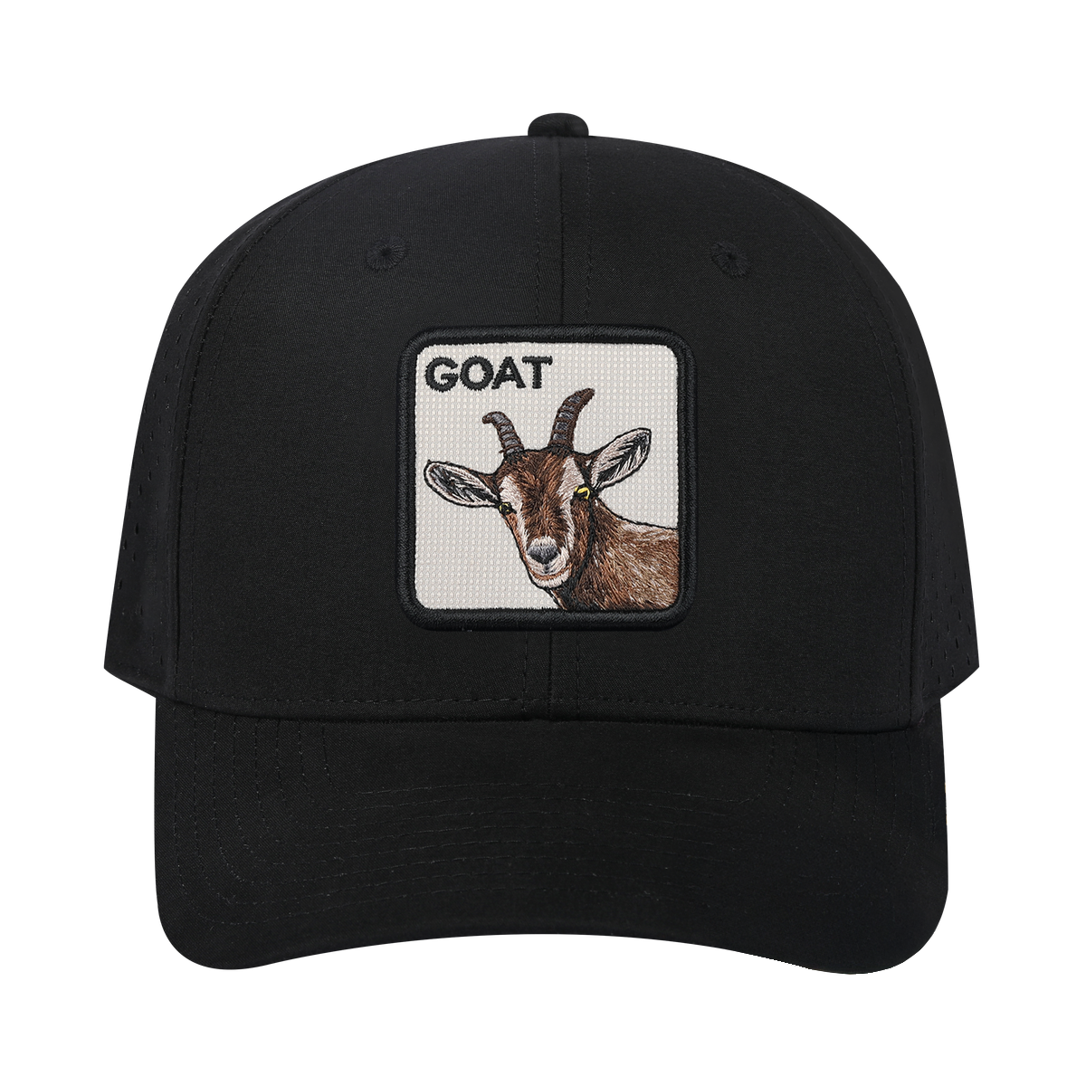 Goat 6-Panel Microfiber Laser Hole Trucker Hat with Black front and Black back