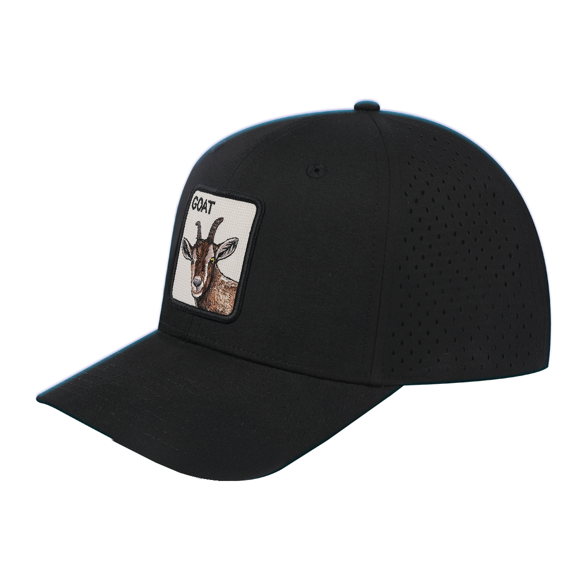 Goat 6-Panel Microfiber Laser Hole Trucker Hat with Black front and Black back
