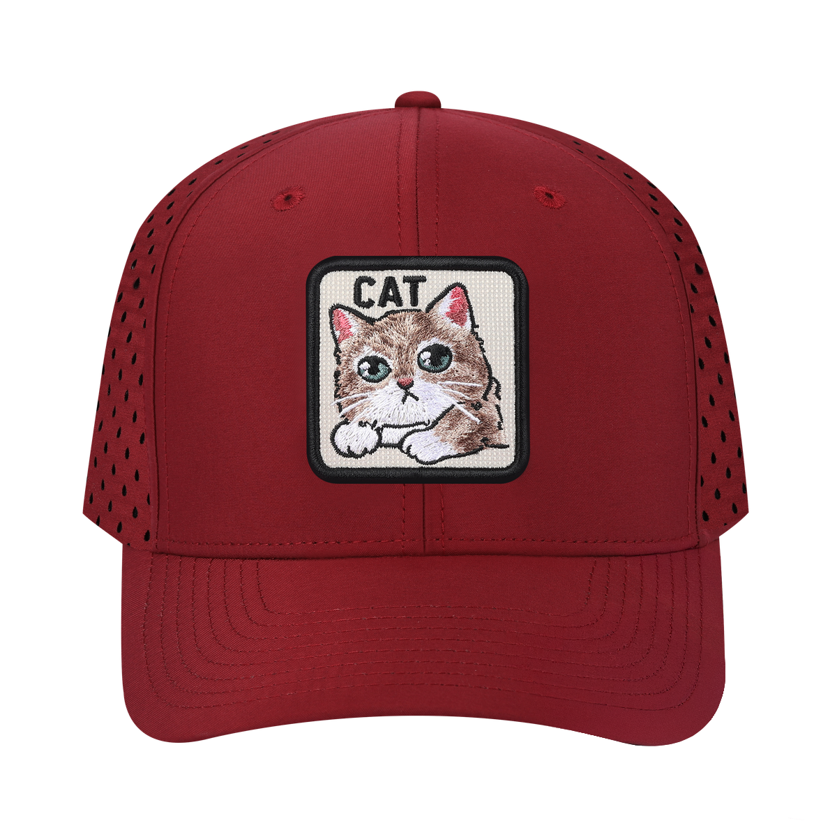 Cat 6-Panel Microfiber Laser Hole Trucker Hat with Dark Red front and Dark Red back