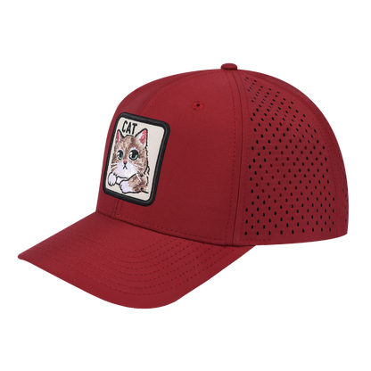 Cat 6-Panel Microfiber Laser Hole Trucker Hat with Dark Red front and Dark Red back