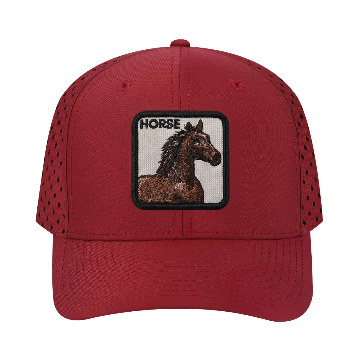 Horse 6-Panel Microfiber Laser Hole Trucker Hat with Dark Red front and Dark Red back