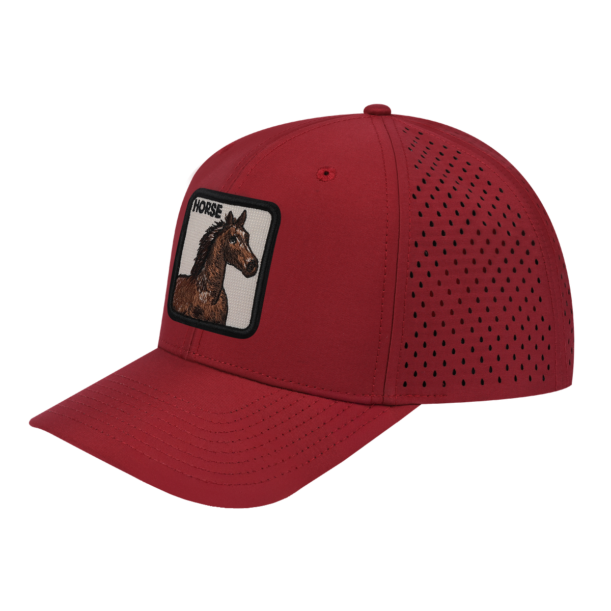 Horse 6-Panel Microfiber Laser Hole Trucker Hat with Dark Red front and Dark Red back