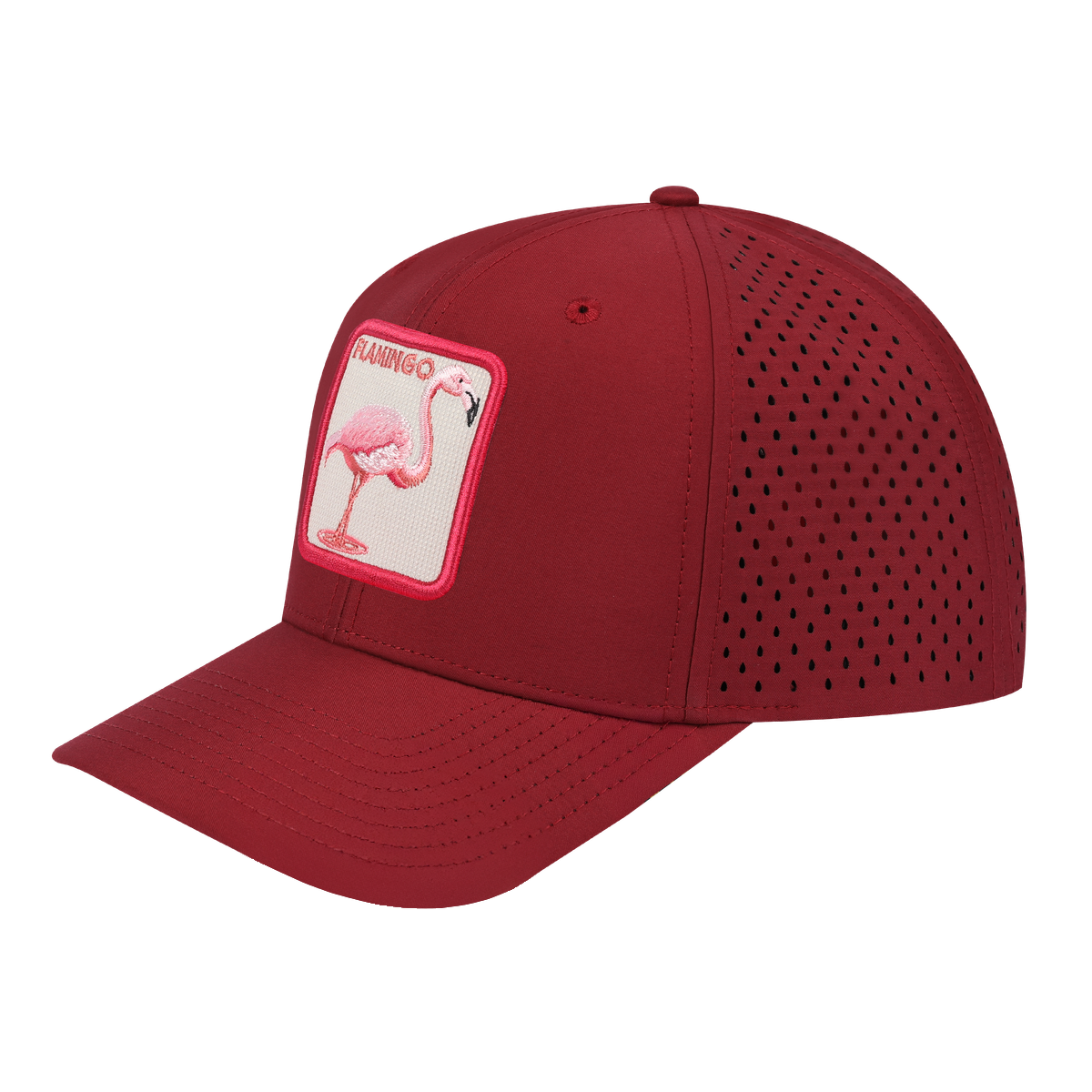 Flamingo 6-Panel Microfiber Laser Hole Trucker Hat with Dark Red front and Dark Red back