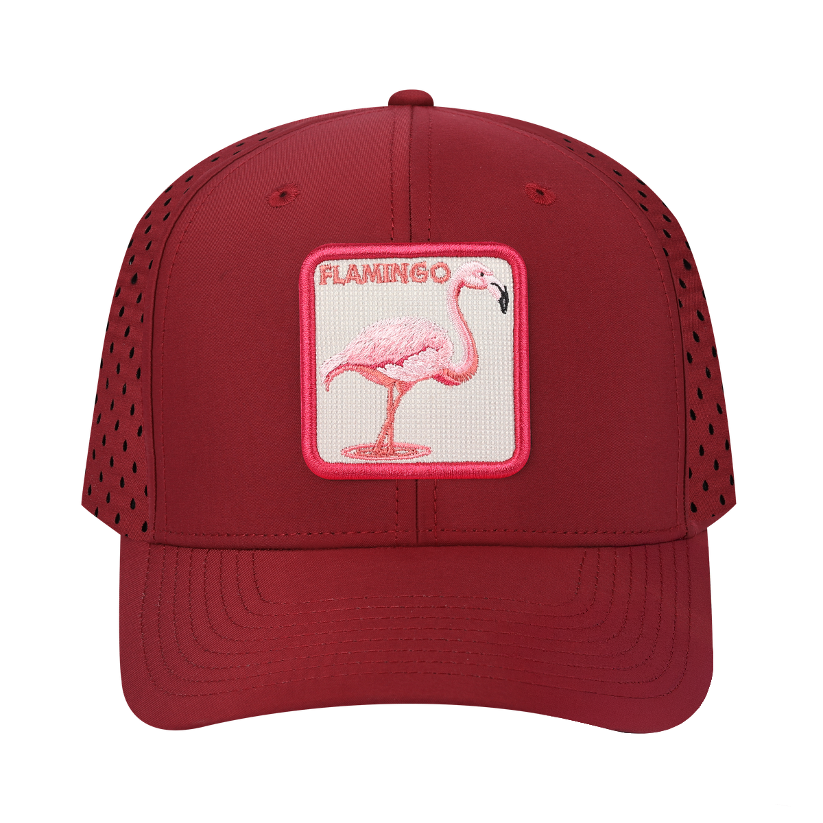 Flamingo 6-Panel Microfiber Laser Hole Trucker Hat with Dark Red front and Dark Red back