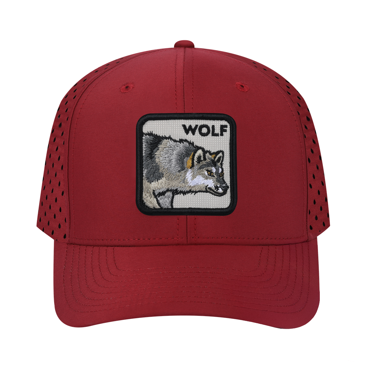 Wolf 6-Panel Microfiber Laser Hole Trucker Hat with Dark Red front and Dark Red back