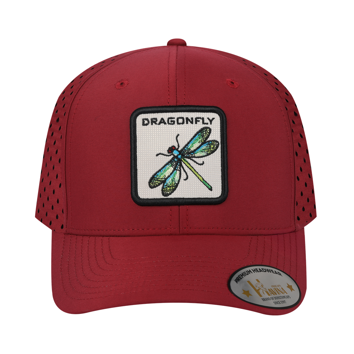 Dragonfly 6-Panel Microfiber Laser Hole Trucker Hat with Dark Red front and Dark Red back