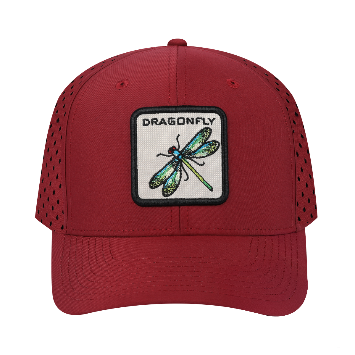 Dragonfly 6-Panel Microfiber Laser Hole Trucker Hat with Dark Red front and Dark Red back