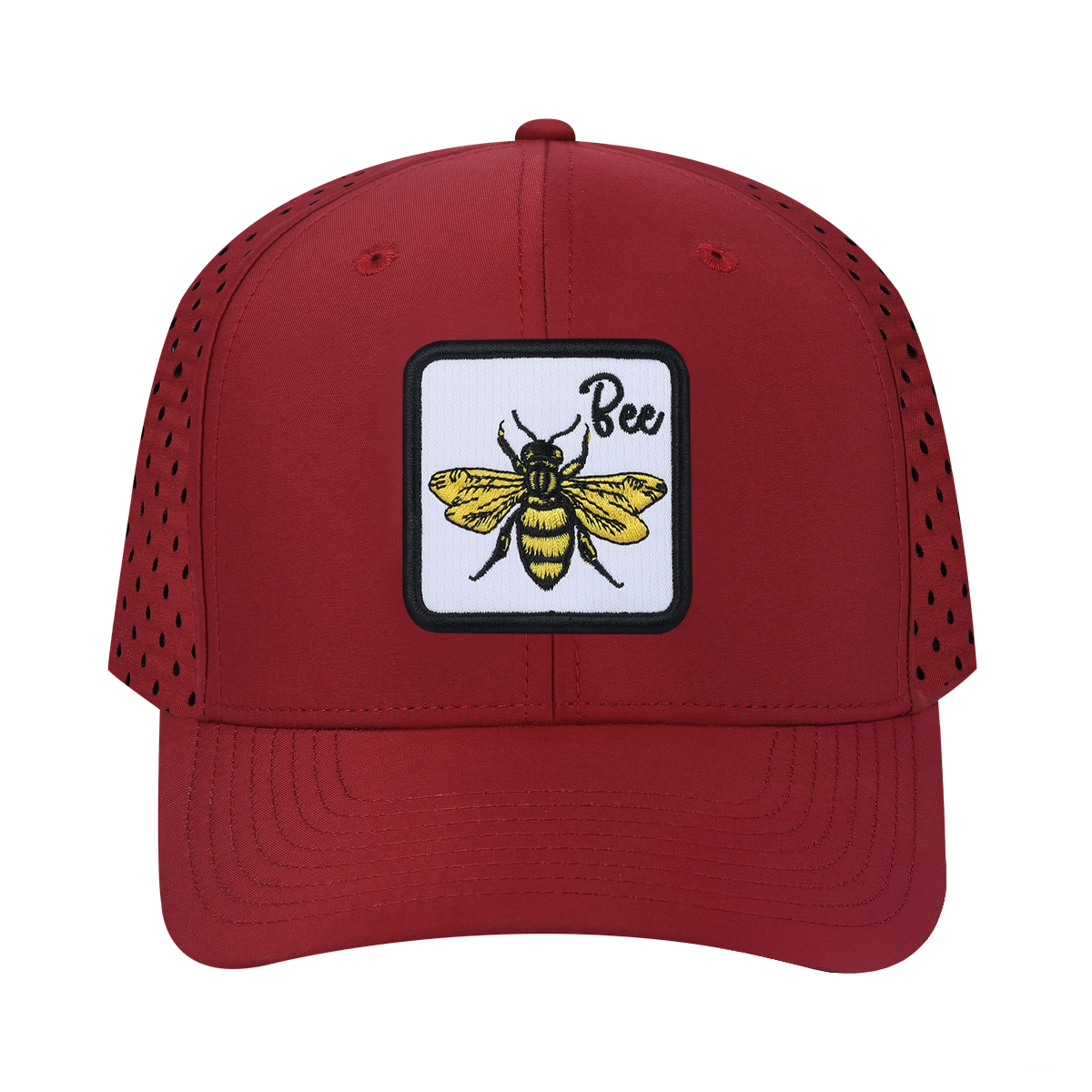 Bee 6-Panel Microfiber Laser Hole Trucker Hat with Dark Red front and Dark Red back