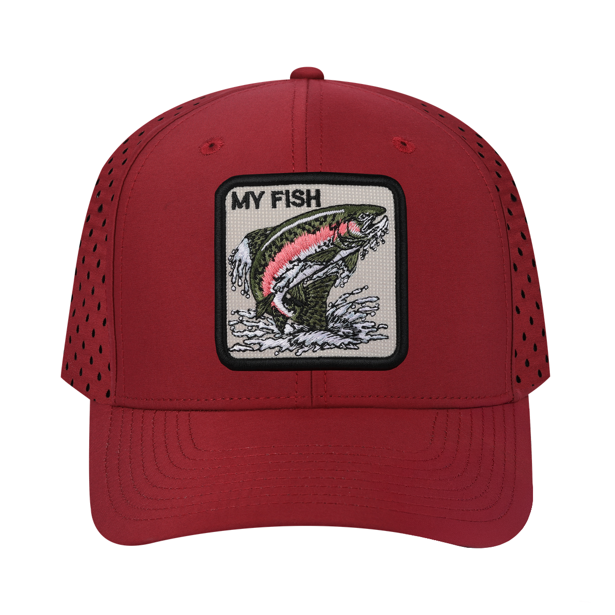 My Fish 6-Panel Microfiber Laser Hole Trucker Hat with Dark Red front and Dark Red back