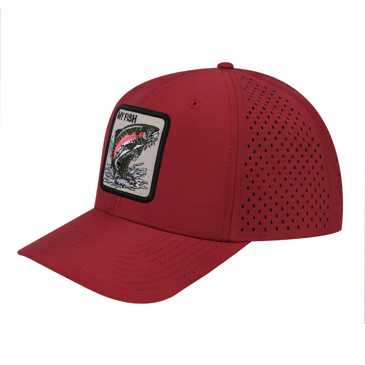 My Fish 6-Panel Microfiber Laser Hole Trucker Hat with Dark Red front and Dark Red back