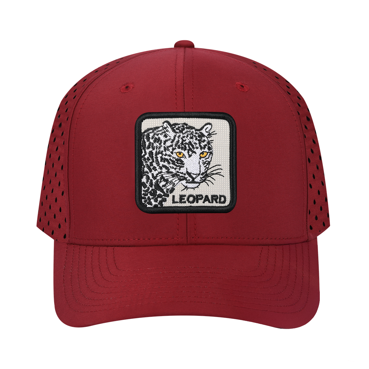 Leopard 6-Panel Microfiber Laser Hole Trucker Hat with Dark Red front and Dark Red back