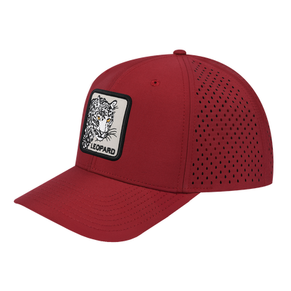 Leopard 6-Panel Microfiber Laser Hole Trucker Hat with Dark Red front and Dark Red back