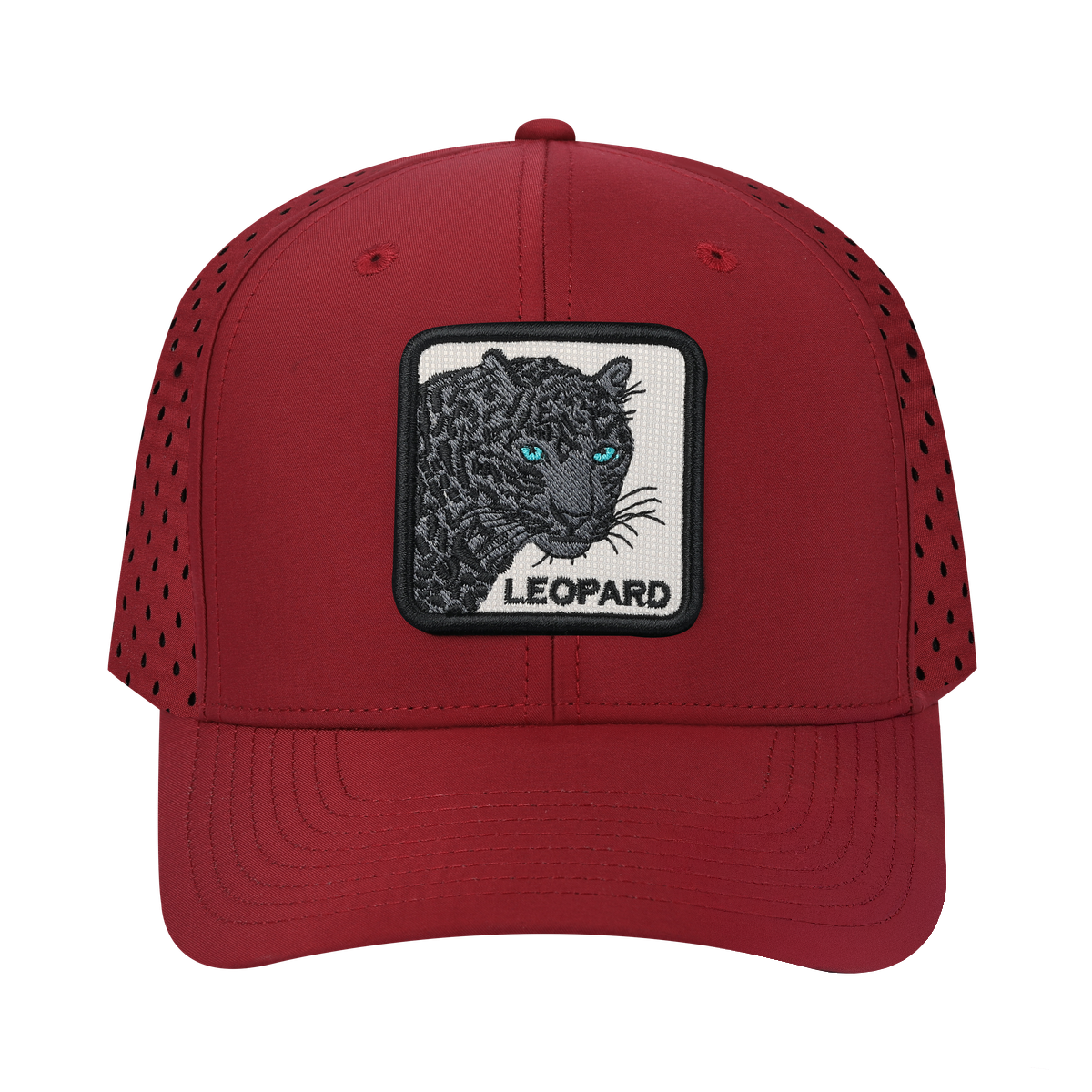 Leopard V2 6-Panel Microfiber Laser Hole Trucker Hat with Dark Red front and Dark Red back