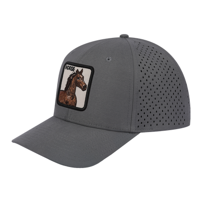 Horse 6-Panel Microfiber Laser Hole Trucker Hat with Grey front and Grey back