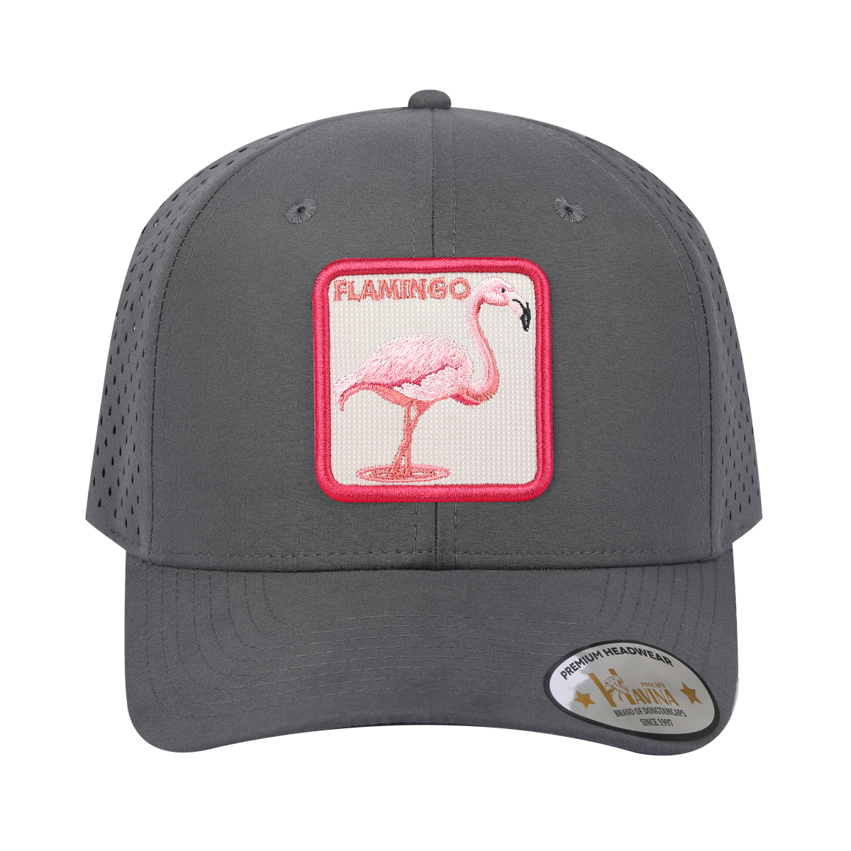 Flamingo 6-Panel Microfiber Laser Hole Trucker Hat with Grey front and Grey back