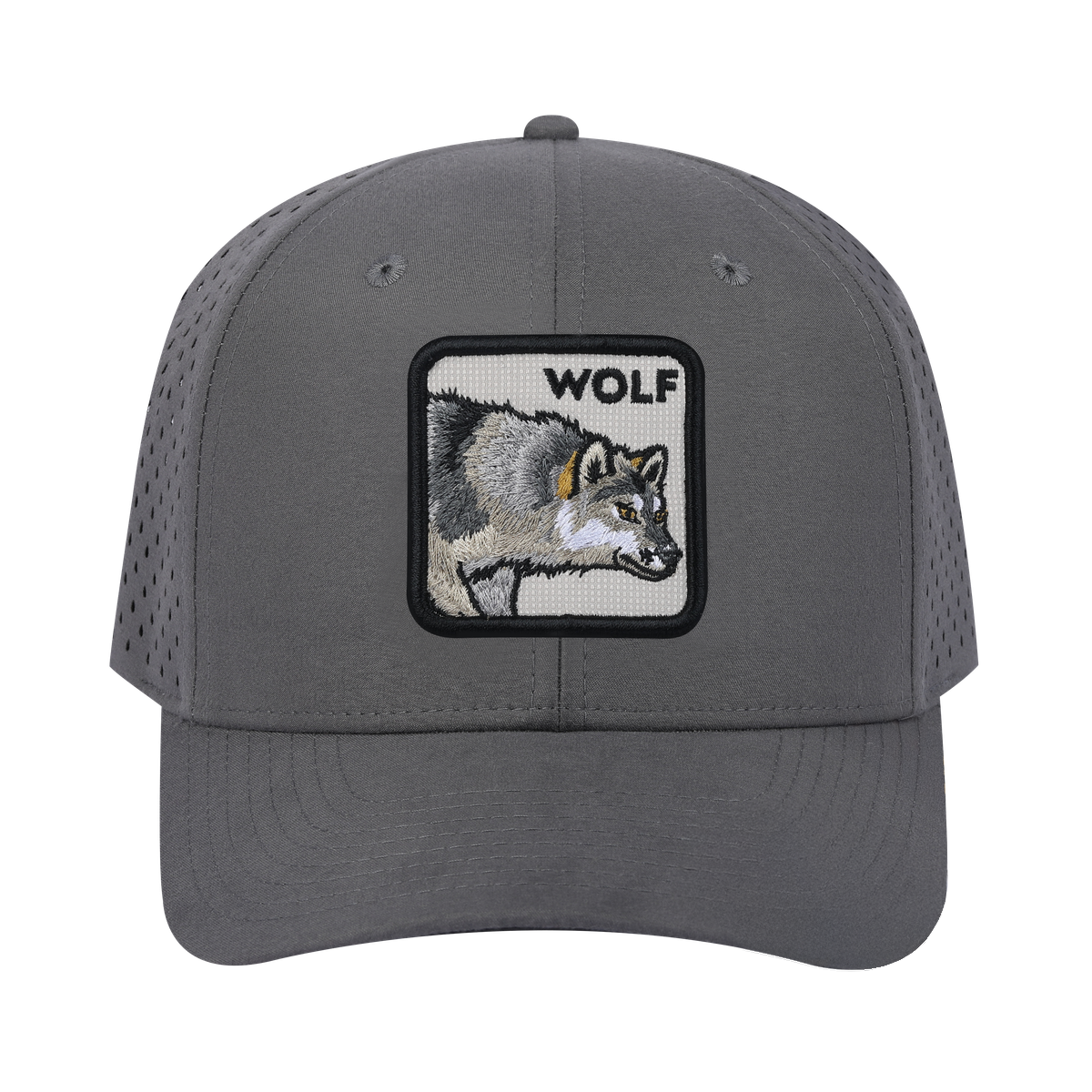 Wolf 6-Panel Microfiber Laser Hole Trucker Hat with Grey front and Grey back