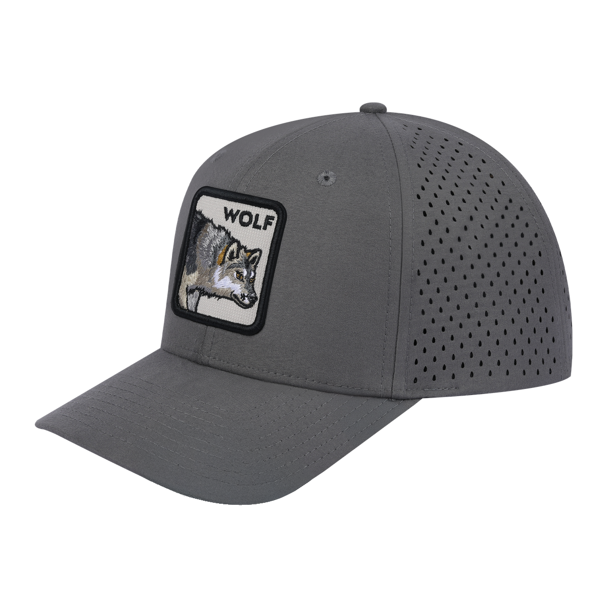 Wolf 6-Panel Microfiber Laser Hole Trucker Hat with Grey front and Grey back