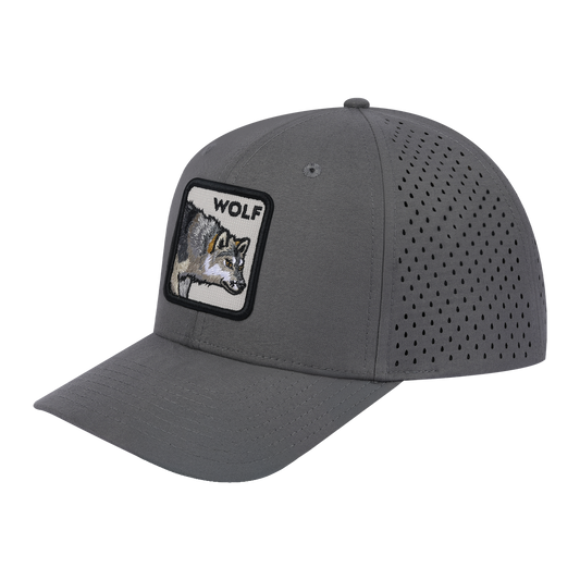 Wolf 6-Panel Microfiber Laser Hole Trucker Hat with Grey front and Grey back