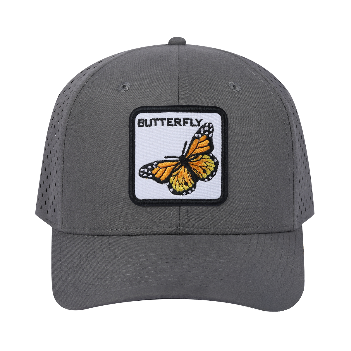 Butterfly 6-Panel Microfiber Laser Hole Trucker Hat with Grey front and Grey back