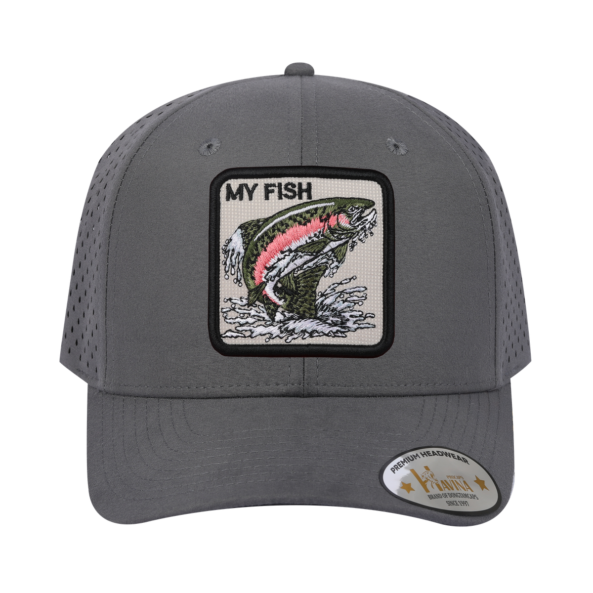 My Fish 6-Panel Microfiber Laser Hole Trucker Hat with Grey front and Grey back