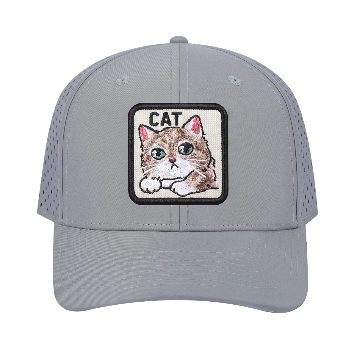 Cat 6-Panel Microfiber Laser Hole Trucker Hat with Light Grey front and Light Grey back