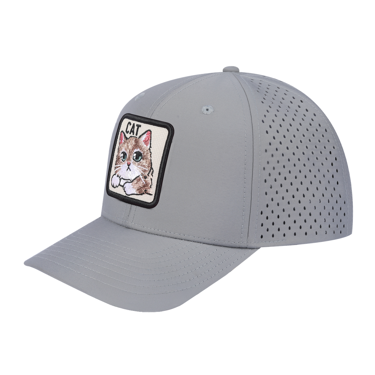 Cat 6-Panel Microfiber Laser Hole Trucker Hat with Light Grey front and Light Grey back