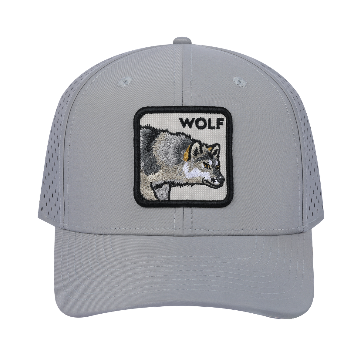 Wolf 6-Panel Microfiber Laser Hole Trucker Hat with Light Grey front and Light Grey back