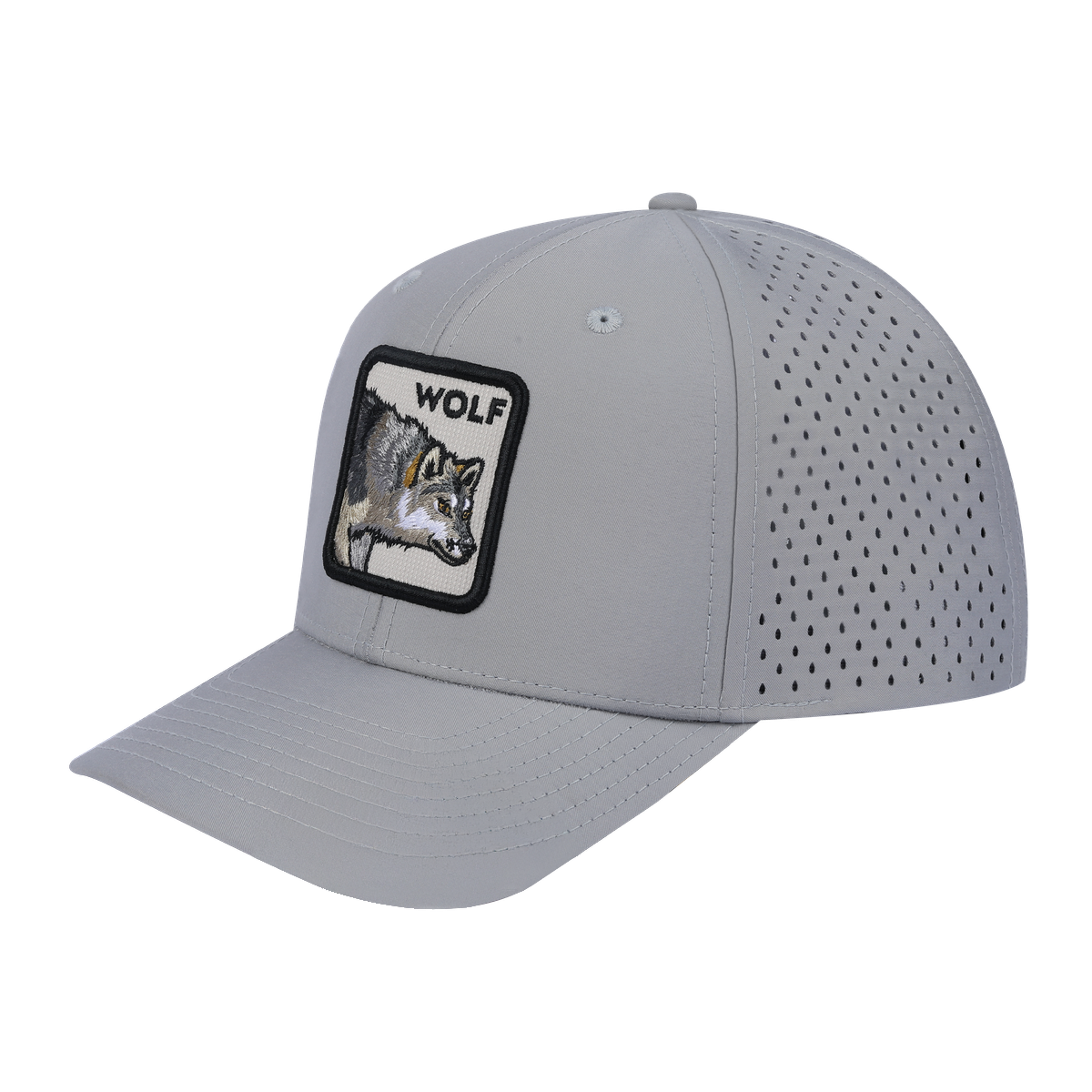 Wolf 6-Panel Microfiber Laser Hole Trucker Hat with Light Grey front and Light Grey back