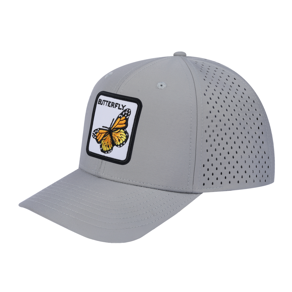 Butterfly 6-Panel Microfiber Laser Hole Trucker Hat with Light Grey front and Light Grey back