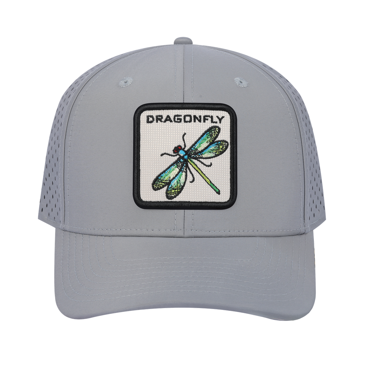 Dragonfly 6-Panel Microfiber Laser Hole Trucker Hat with Light Grey front and Light Grey back