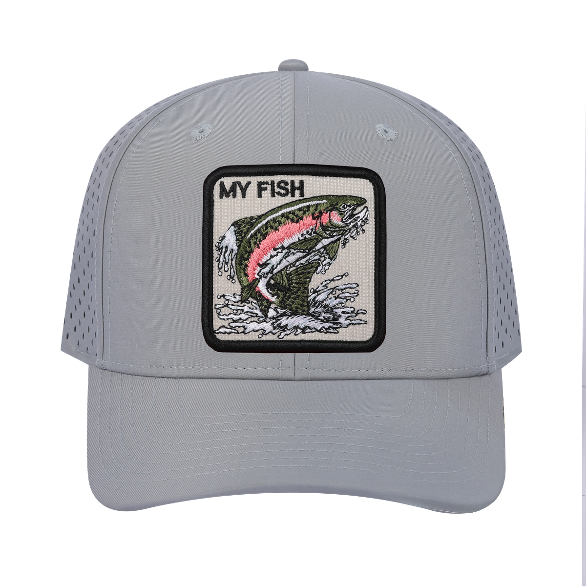 My Fish 6-Panel Microfiber Laser Hole Trucker Hat with Light Grey front and Light Grey back