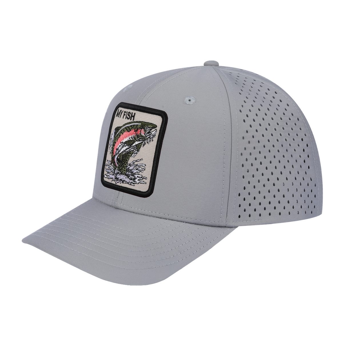 My Fish 6-Panel Microfiber Laser Hole Trucker Hat with Light Grey front and Light Grey back