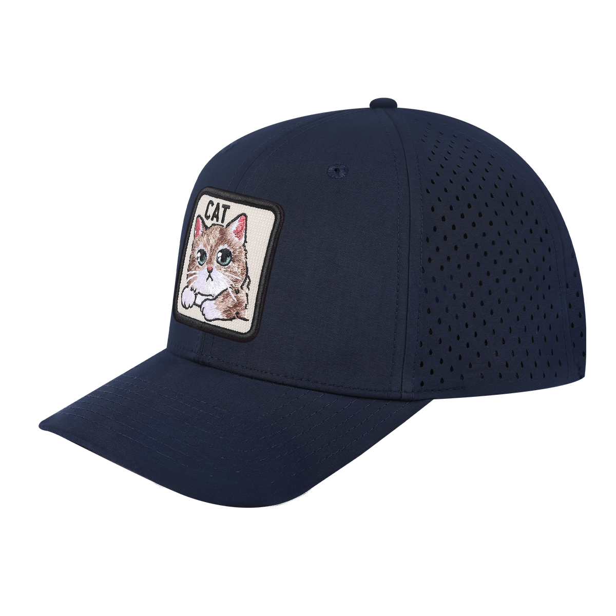 Cat 6-Panel Microfiber Laser Hole Trucker Hat with Navy front and Navy back