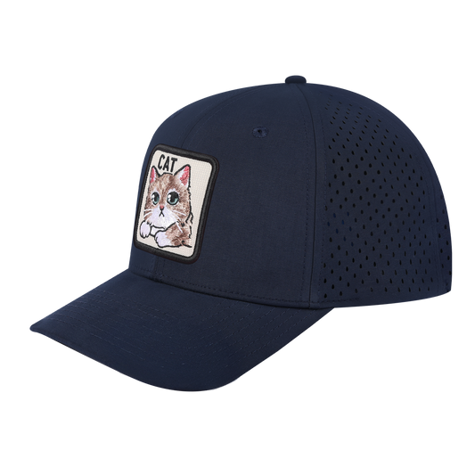 Cat 6-Panel Microfiber Laser Hole Trucker Hat with Navy front and Navy back