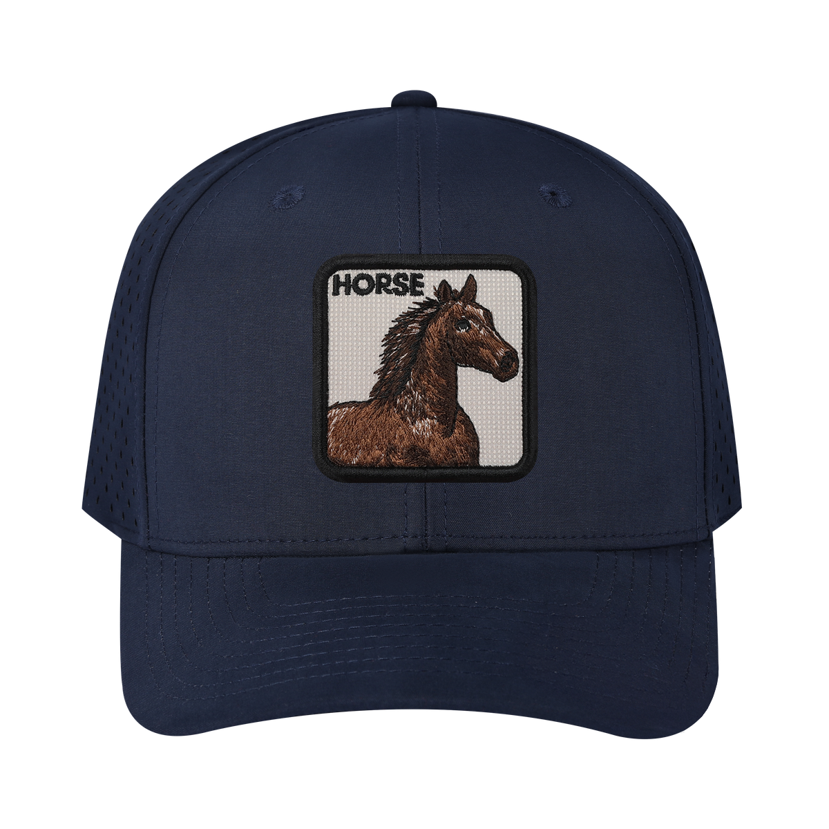 Horse 6-Panel Microfiber Laser Hole Trucker Hat with Navy front and Navy back